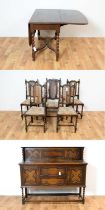 An oak Jacobean style dining suite, c1930, comprising a sideboard, table and chairs