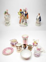 Staffordshire flatback figures and a selection of Sunderland lustre and copper ware