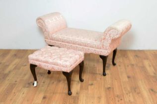 Jade Holdings: A decorative window stool upholstered in pink damask fabric with stool