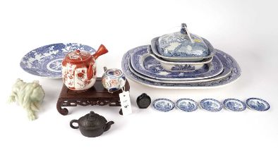 Five blue and white cup plates, a selection of Willow Pattern ceramics, and other items