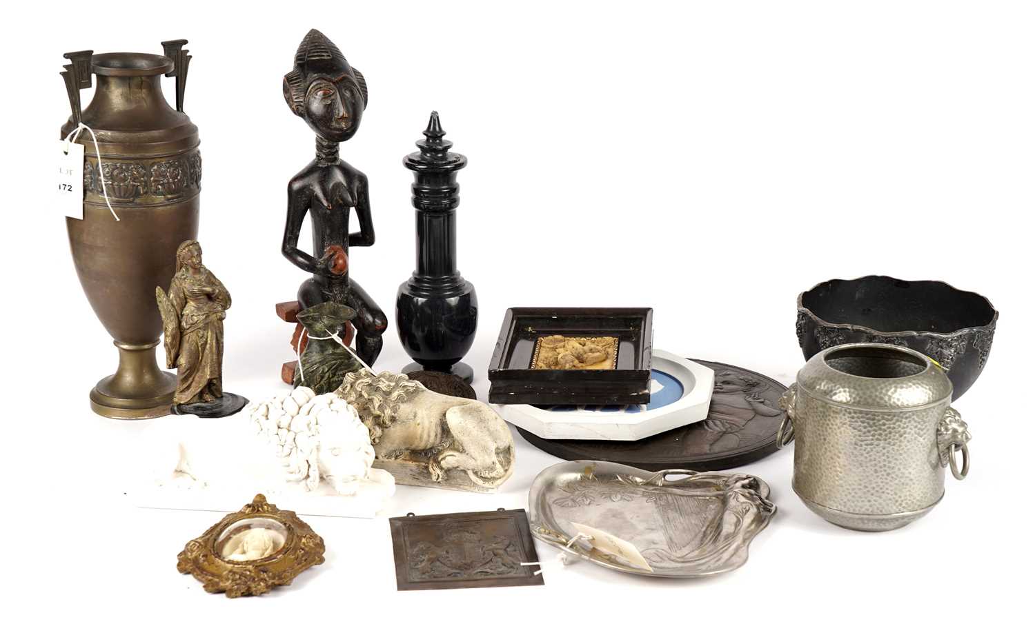 An Art Nouveau style pewter tray and other collectibles