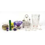 An early 20th Century silver plated and cut glass cruet set and other items