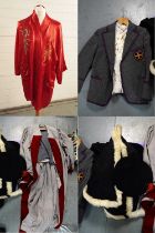 A selection of vintage school uniform and a Chinese silk auspicious robe, and other textiles