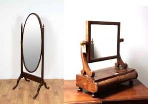 A mahogany framed cheval mirror; and a toilet mirror.