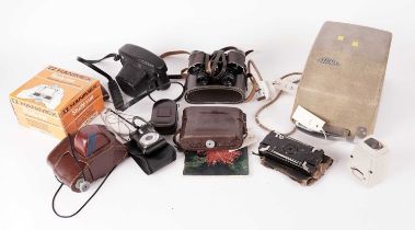 A collection of cameras and accessories