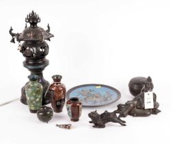 A Japanese enamelled bronze incense burner and a selection of Oriental metal wares