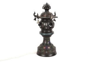 A Japanese enamelled bronze incense burner or lantern, adapted to a table lamp