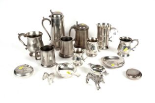 A selection of pewter tankards, other pewter and silver plated wares