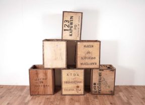 A collection of six vintage wooden tea chests