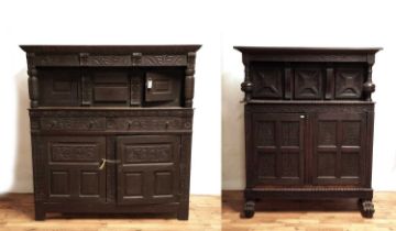 A 17th Century style carved oak buffet; and a 19th Century oak court cupboard