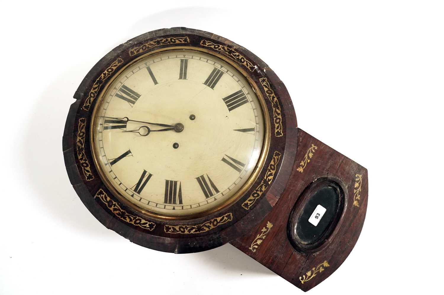 A mid 19th Century inlaid rosewood twin fusee drop dial wall clock