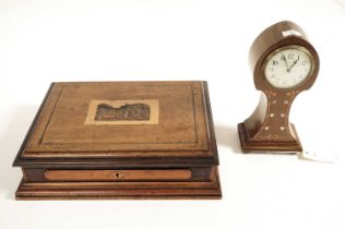 An early 20th Century Arts & Crafts inlaid mahogany mantel clock and Victorian sewing box