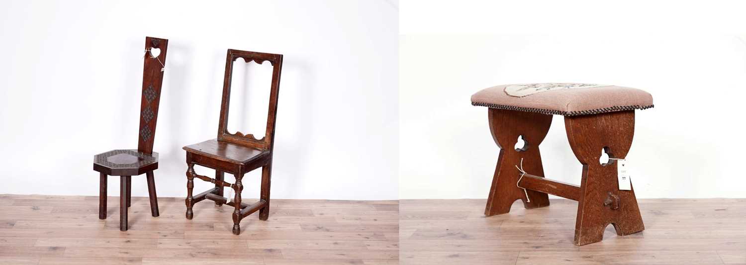 A George III oak childs chair, 20th Century hardwood spinning chair and a Victorian stool