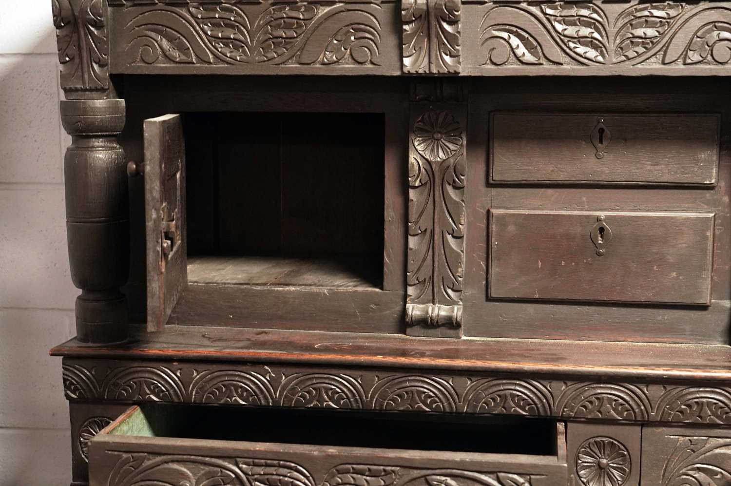 A 17th Century style carved oak buffet; and a 19th Century oak court cupboard - Image 7 of 13