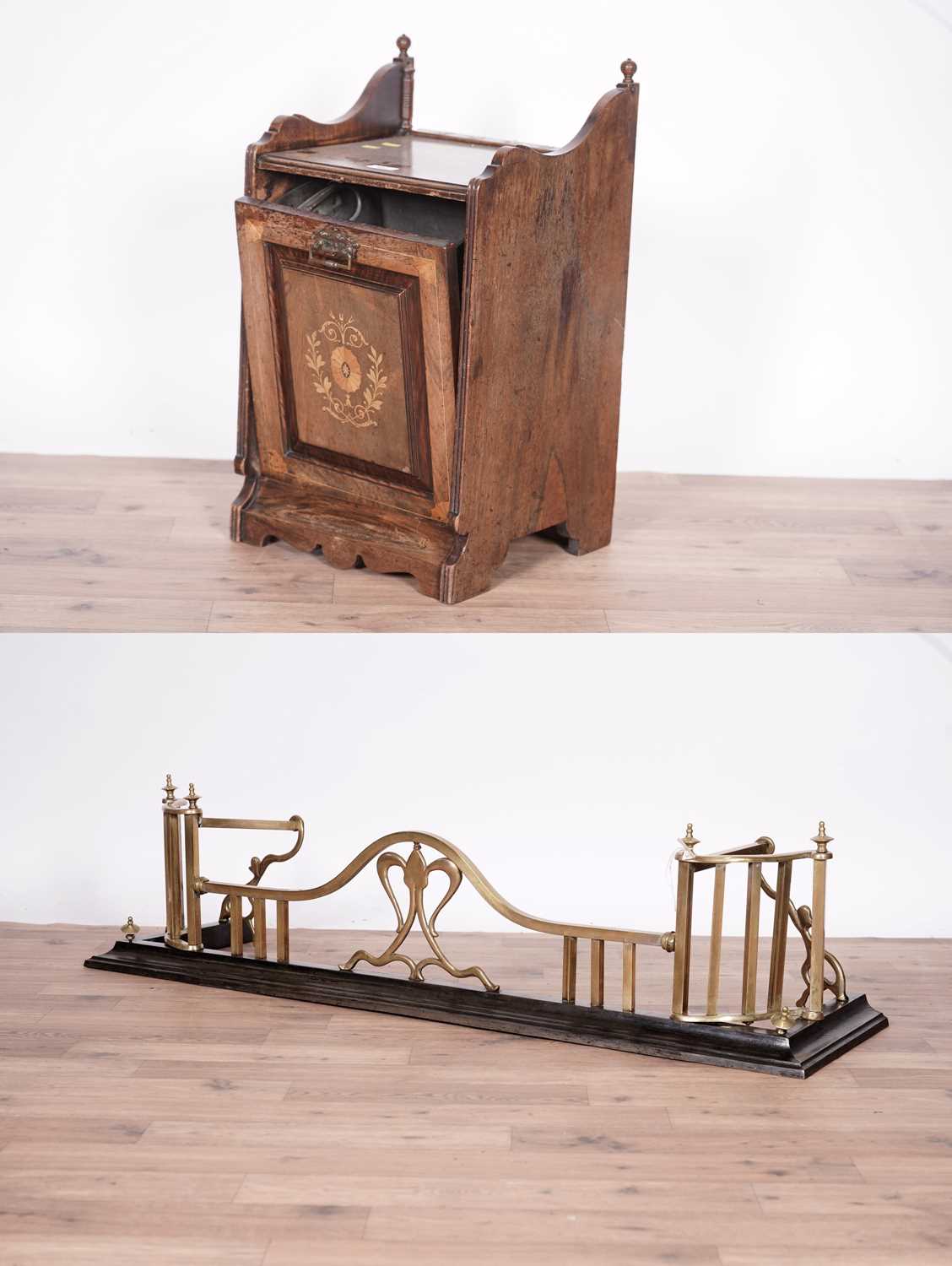 An Arts & Crafts brass and cast-iron fire fender; and an Edwardian inlaid walnut coal scuttle