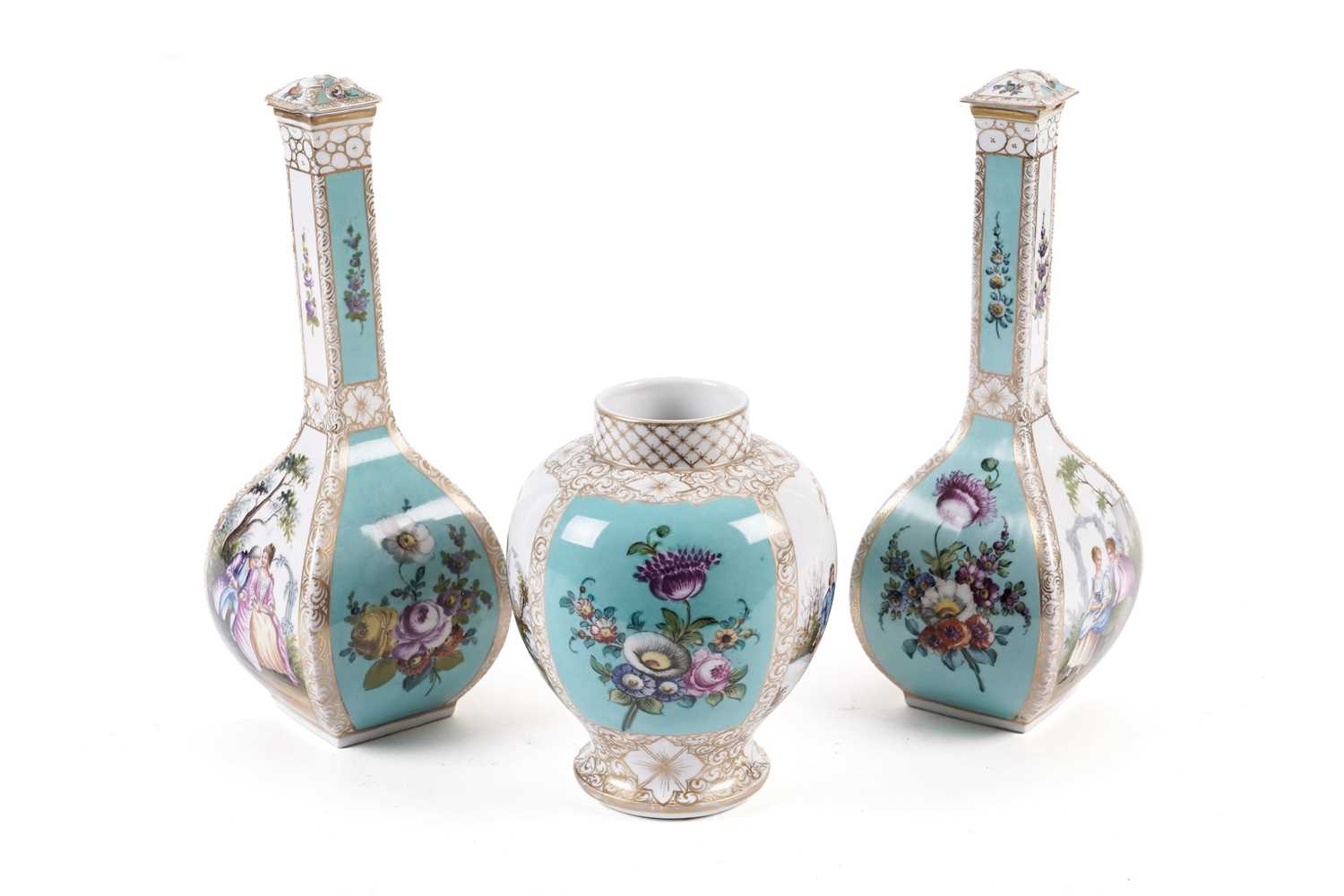 A pair of decorative Augustus Rex vases, and a similar jar