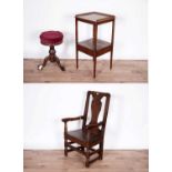 A Mid 18th Century armchair, A Victorian piano stool and a George III washstand