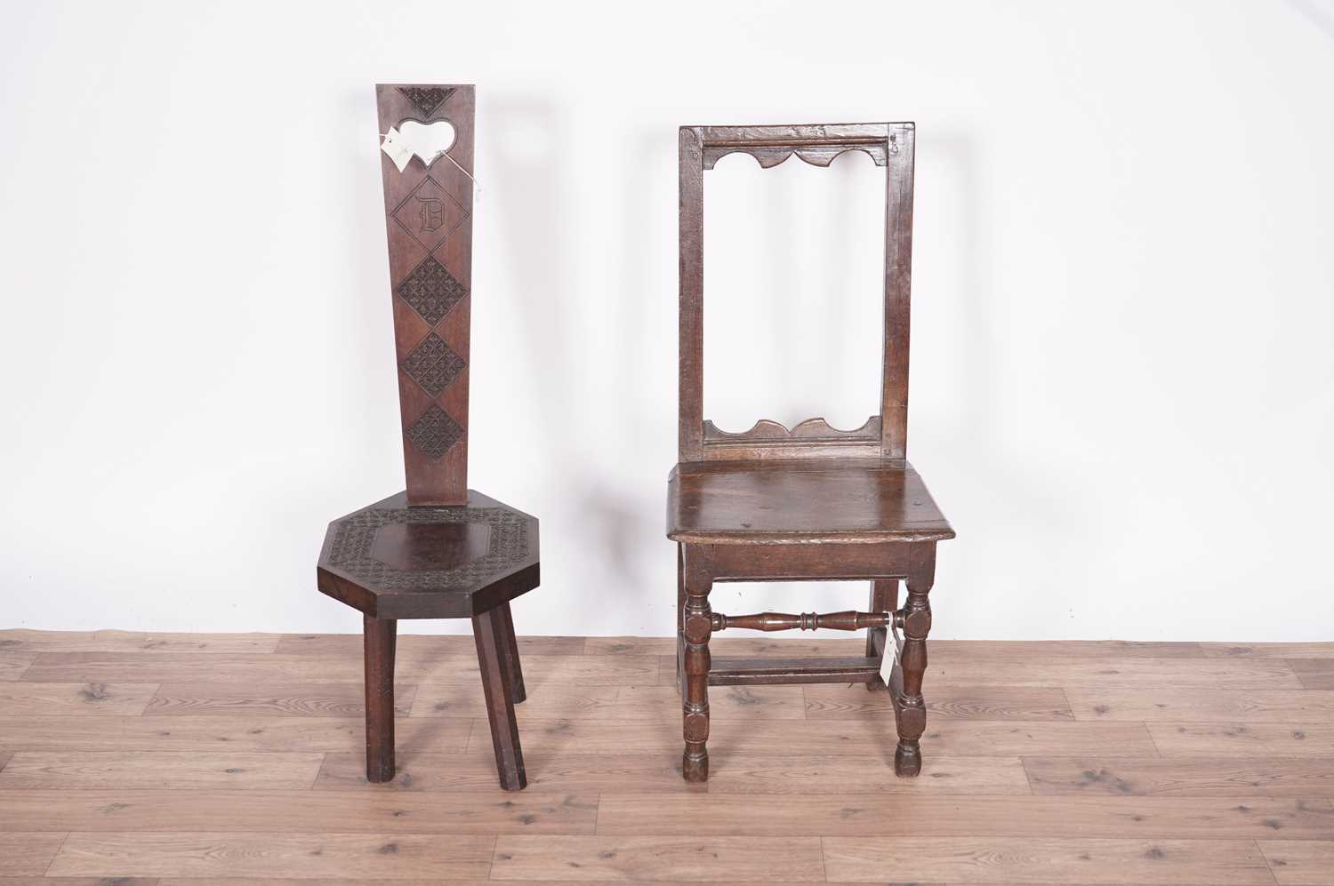 A George III oak childs chair, 20th Century hardwood spinning chair and a Victorian stool - Image 3 of 9