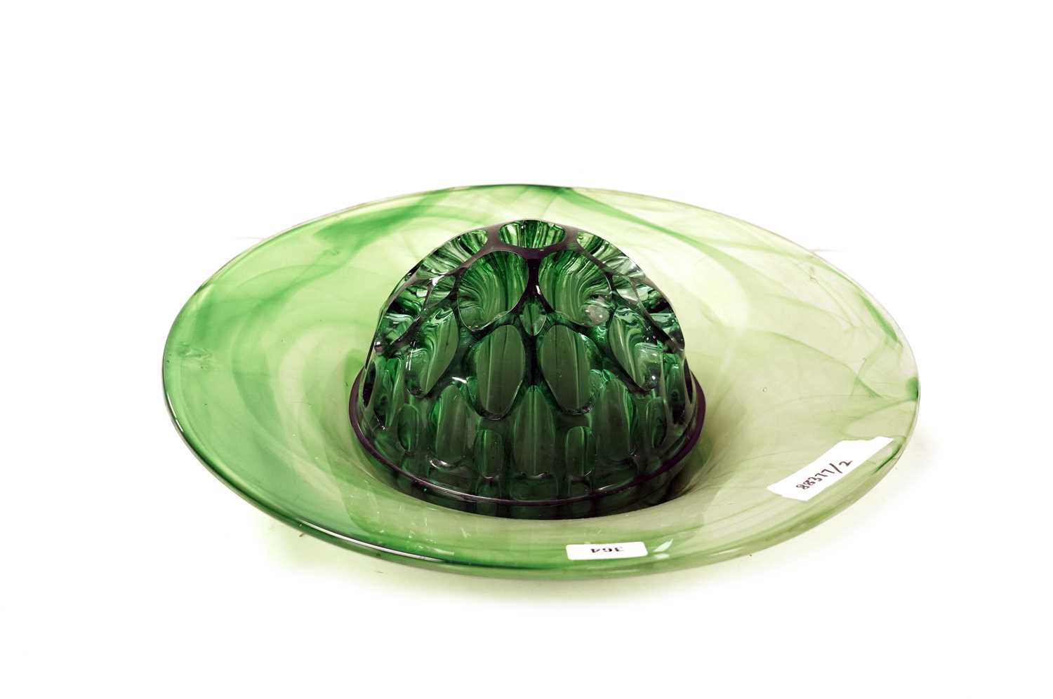 A 1930s George Davidson cloud glass bowl in green and a green glass rose bowl