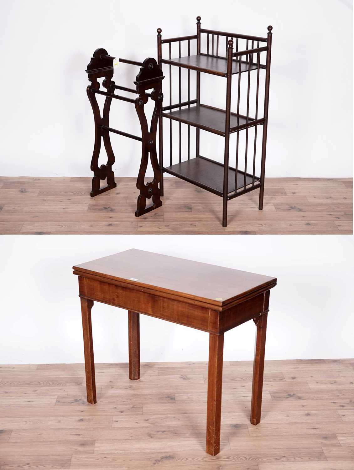 A gateleg table, an early 20th Century towel airer and an etagere