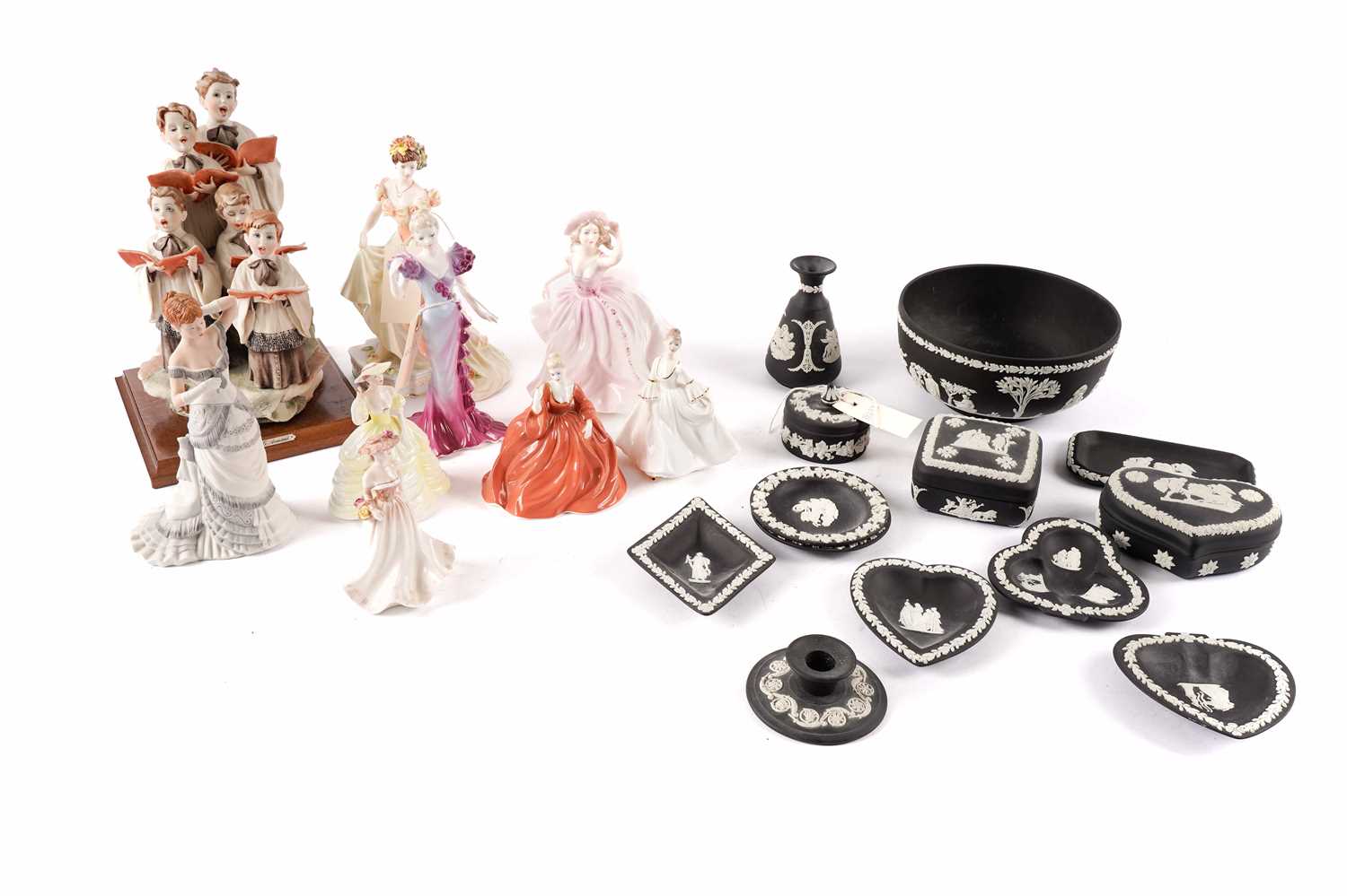 Wedgwood Jasperware; Coalport and Armani figurines.