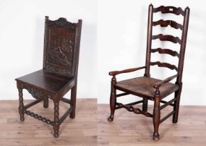 A Victorian oak hall chair; and a ladderback armchair