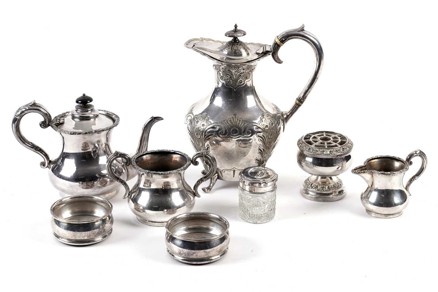 A 20th Century silver-plated three piece tea set; and silver-plated ware