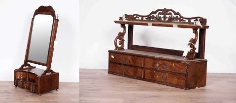 A mid 18th Century mahogany swing frame toilet mirror and a Victorian burr walnut wall cabinet