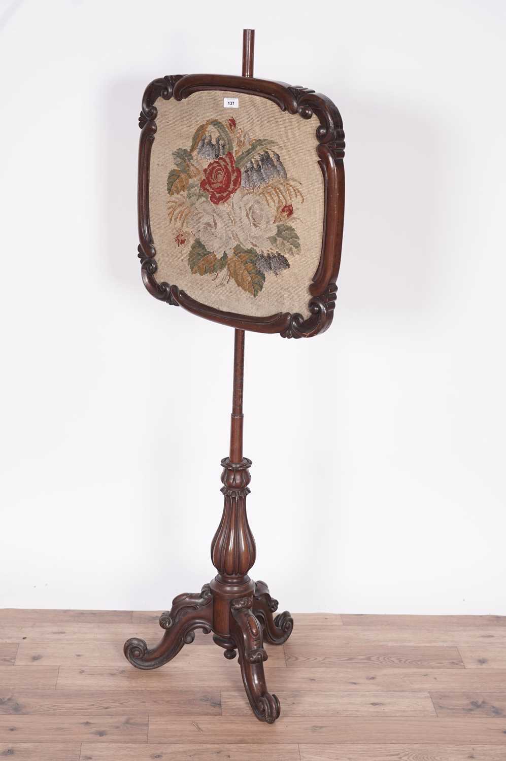 A Victorian carved mahogany needlework pole screen - Image 2 of 4