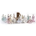 Thirteen assorted Coalport figurines with a Royal Doulton jug