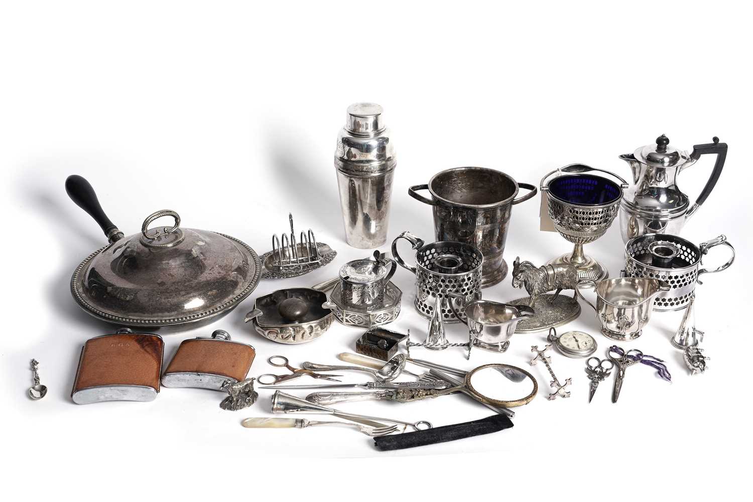 An Ingersoll 'Defiance' pocket watch and a selection of silver plated and white metal wares