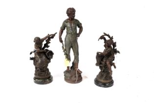 A pair of 19th Century bronzed spelter figures after Francois Moreau, & another figure.