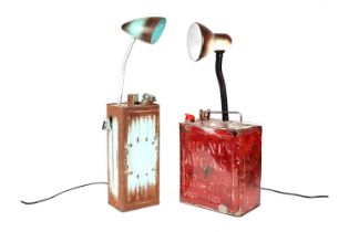 Two vintage petrol cans, converted into desk lamps
