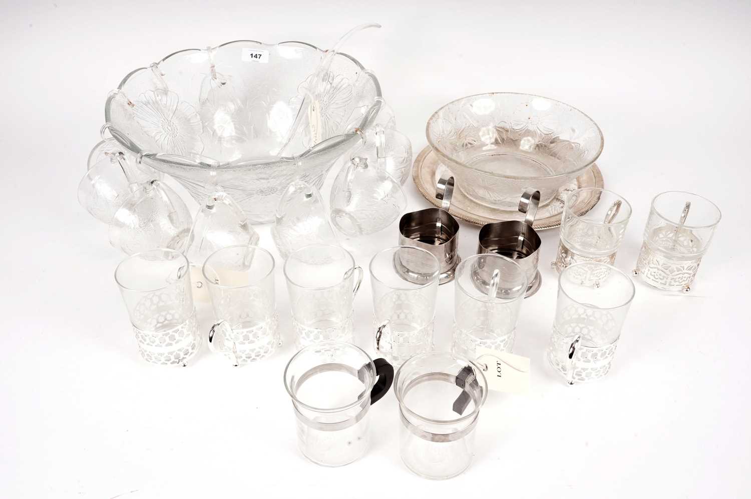 A glass punch serving set and other items