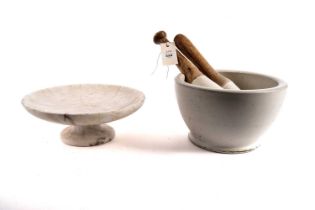 A 19th Century stoneware pestle and mortar, and other tableware