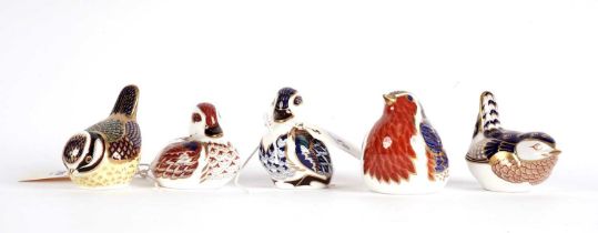 A collection of five Royal Crown Derby bird paperweights
