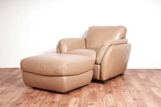 A Natuzzi Editions CT25 armchair upholstered in tan leather with matching ottoman