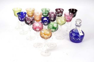 A collection of 19th Century harlequin hock glasses and a glass decanter