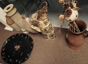 A Victorian tray and a selection of decorative ceramic and stone vases