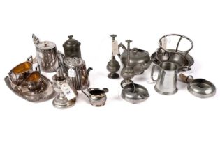 A selection of pewter and silver plated tableware