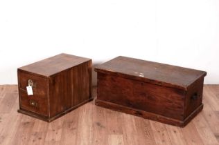 A vintage pine two-handled blanket box; and a set of vintage filing drawers