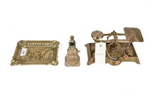 A set of 19th Century postal scales; a gilt Victorian letter clip; and a French brass ashtray