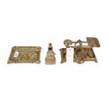 A set of 19th Century postal scales; a gilt Victorian letter clip; and a French brass ashtray