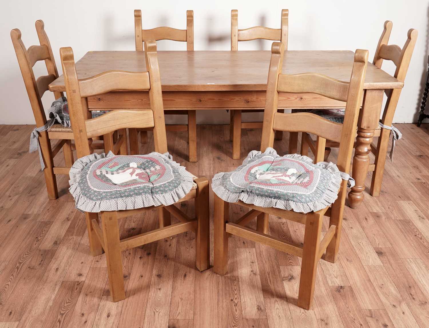 A substantial Victorian style pine kitchen table; and six modern beechwood dining chairs - Image 2 of 3