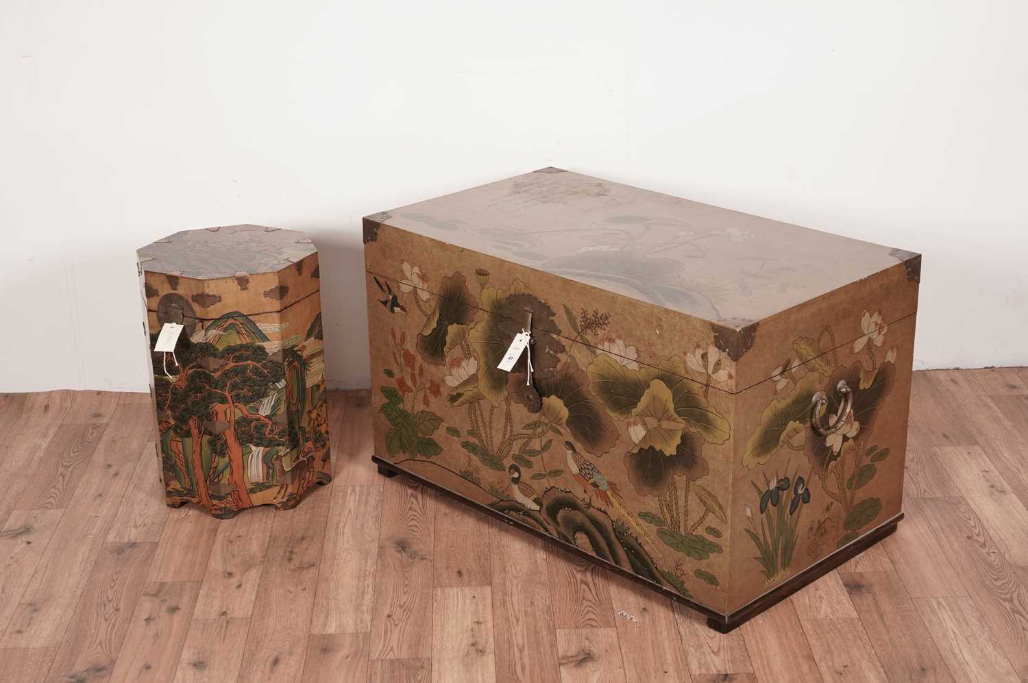 A modern Asian blanket box and a modern Asian lacquered octagonal box