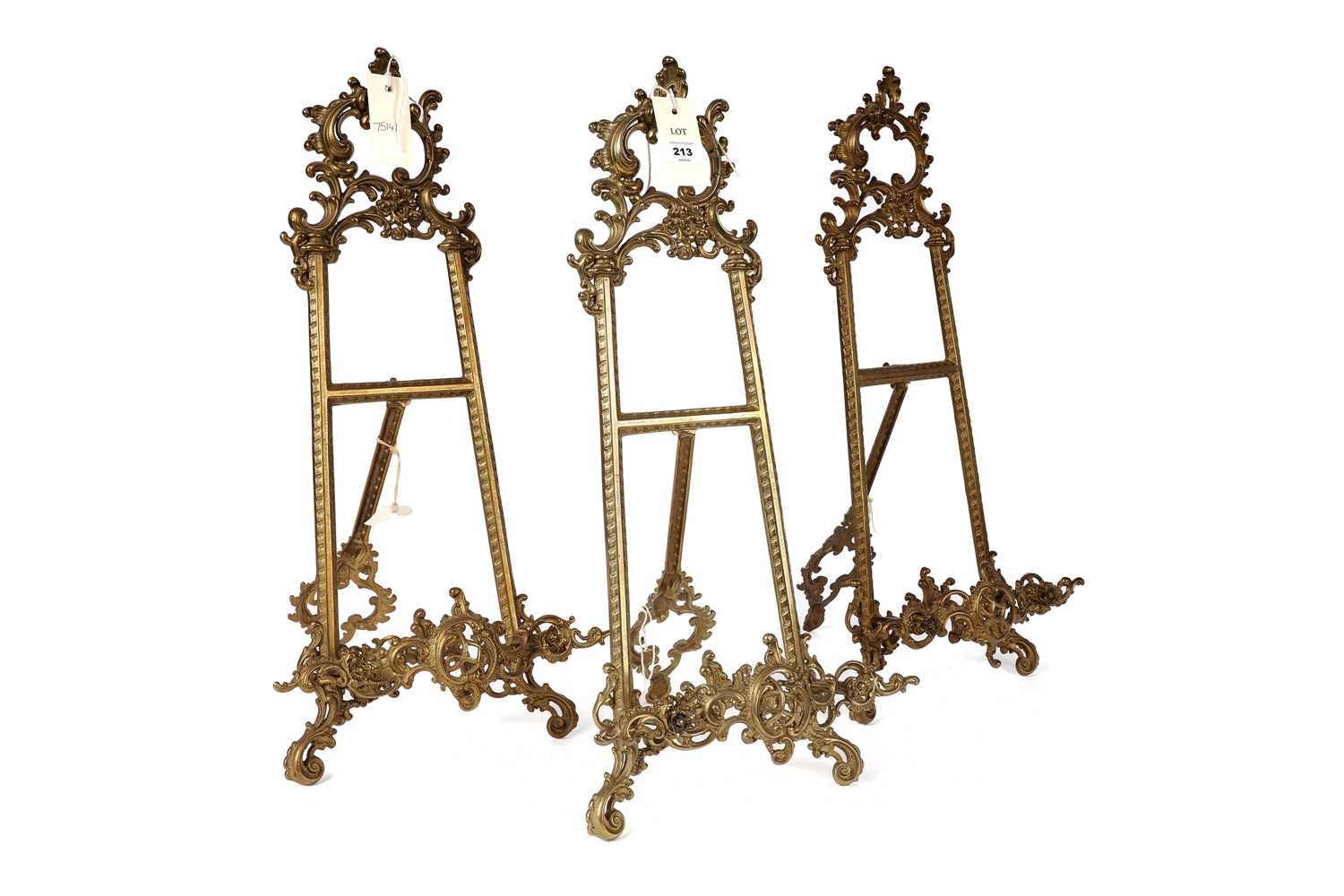 Three Art Nouveau brass tabletop easels