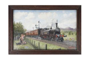 Cuthbert Hamilton Ellis - The old 'Roxburgh' train travelling by Maxton, 1936 | oil