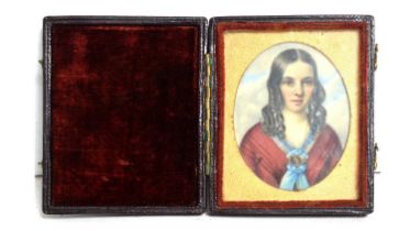 19th Century British School - Portrait of a young lady in a crimson dress | tempera