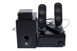 A Denon receiver and desk top speakers