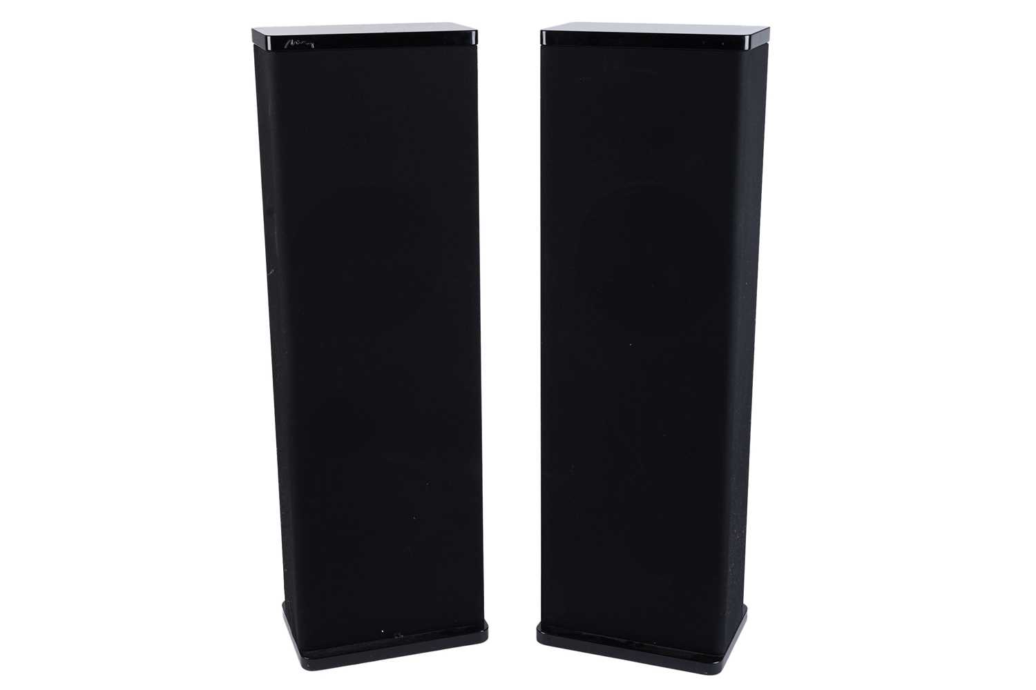 A pair of Mirage M-7si surround-sound floor-standing audio speakers